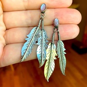 Silver Feather Earrings with Opal Studs